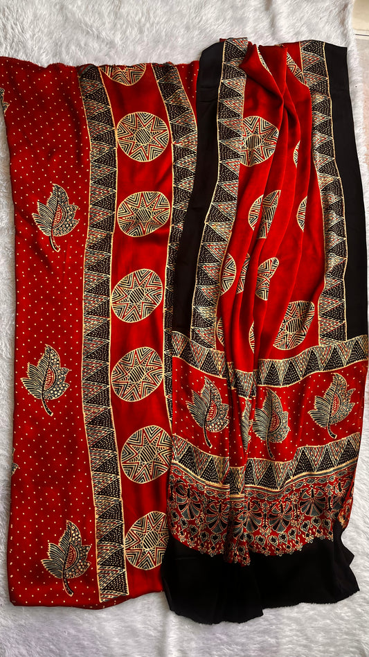 Maddar Red Patti and Circle Buti Modal Silk 2pc Suit Material Set with Modal Silk Dupatta