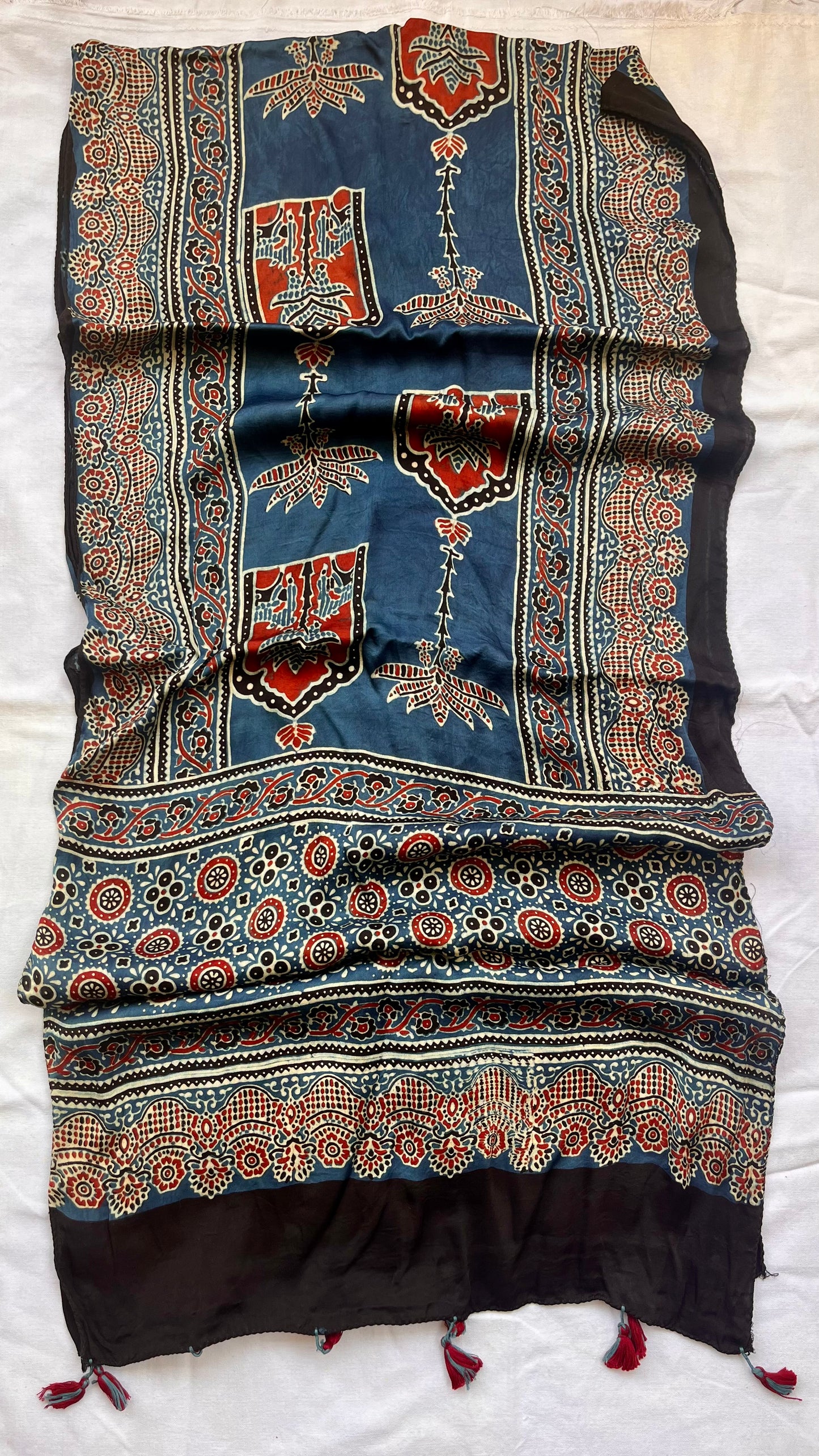 Blue Jharokha and Kamdhenu Motif Ajrakh Hand Block Print Modal Silk Stole with Tassels