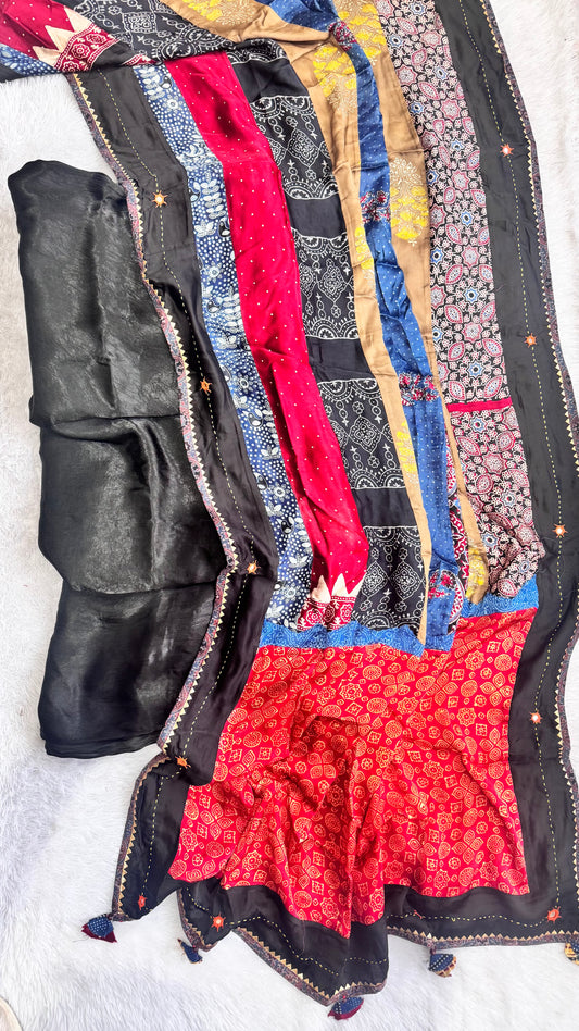 Dominant Black Solid Shade Modal Silk Suit Material with Multi Shade Modal Silk Applique Work Dupatta