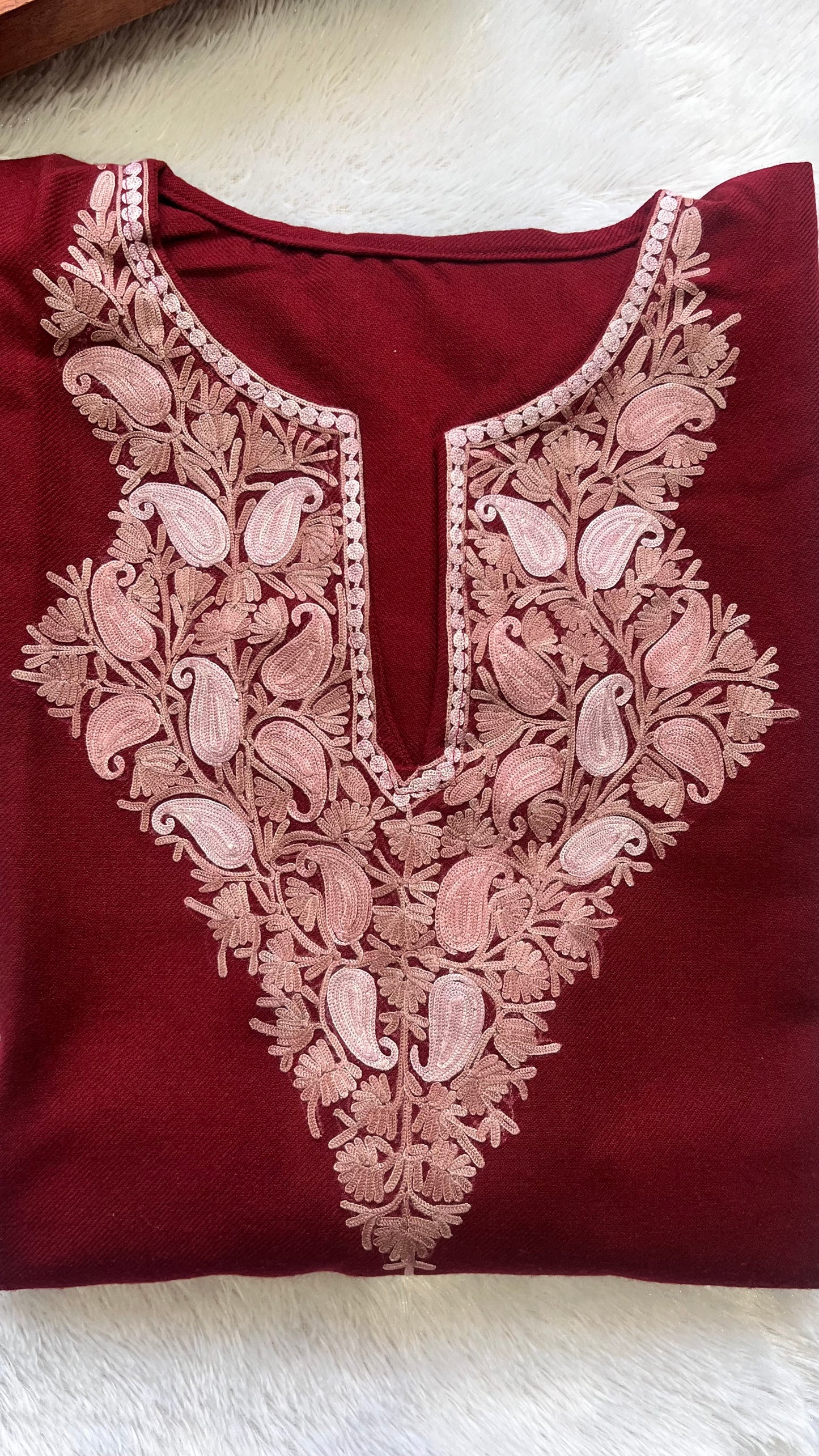 Cherry Red with Pink Floral Kashmiri Aari Work Full Embroidered Pheran with Pockets