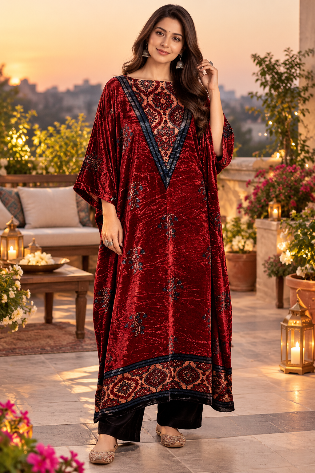 Red Flower Motif Yoke Ajrakh Hand Block Velvet Unstitched Fabric (Kurta Only)