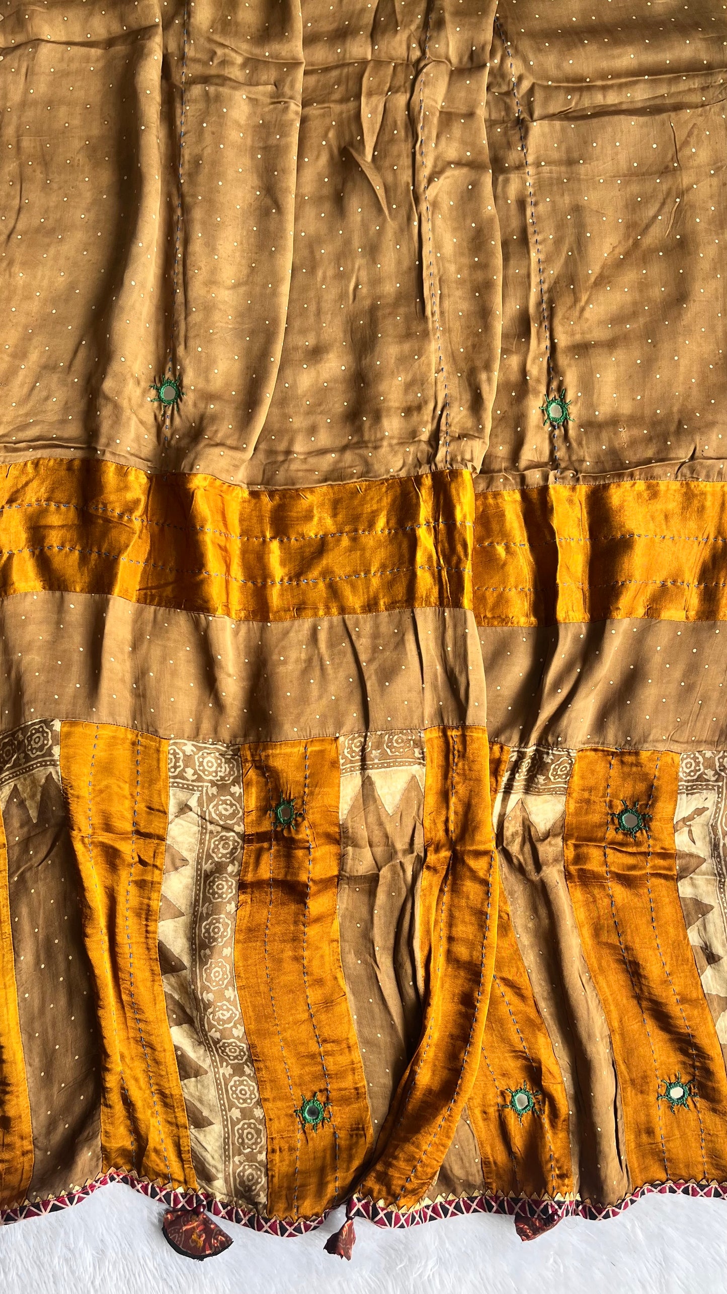 Mustard Ajrakh Applique Patchwork Modal Silk Kantha Work Dupatta with Tassels and Mirror-work
