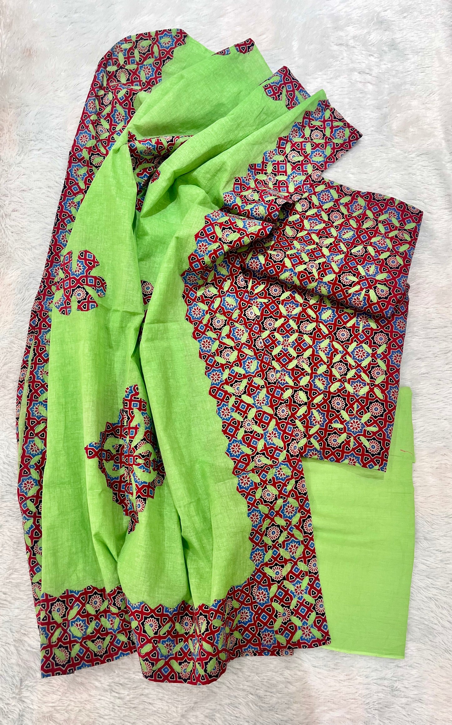 Parrot Green and Red Barmer Applique Cut Work Cotton Suit Material Set