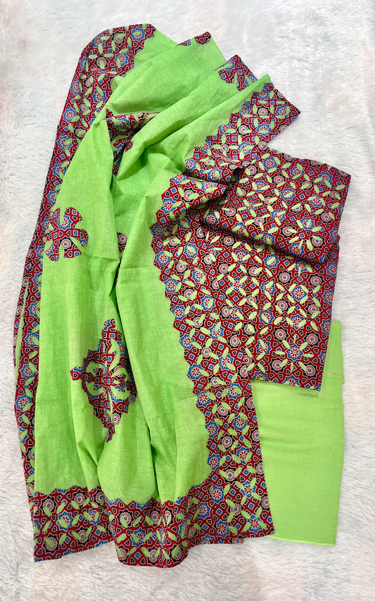 Parrot Green and Red Barmer Applique Cut Work Cotton Suit Material Set