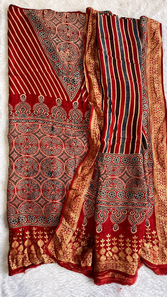 Deep Red Stipe Buti Print Ajrakh Dola Silk Hand Block Print 2 pc Suit Material Set with Nakkashi Border