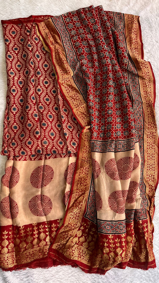 Deep Red Small Buti Print Ajrakh Dola Silk Hand Block Print 2 pc Suit Material Set with Nakkashi Border