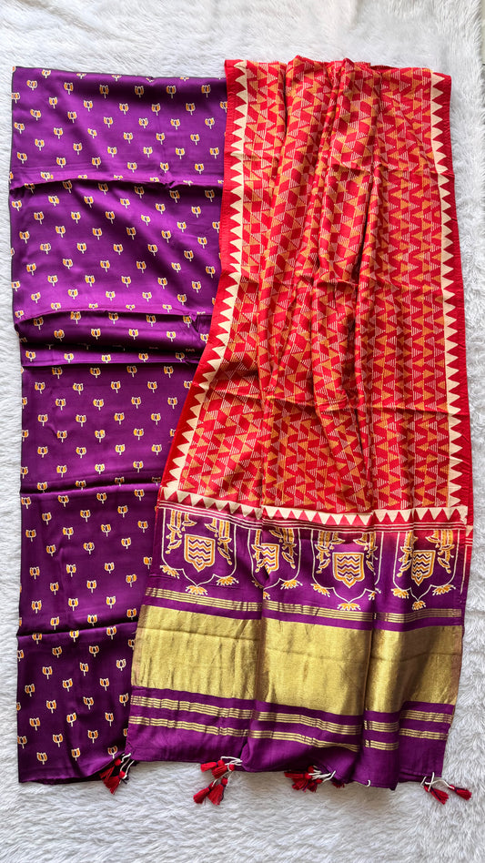 Purple and Orange Kamal Buti Print Modal Silk Ajrakh Hand Block Suit Set with Modal Silk Dupatta
