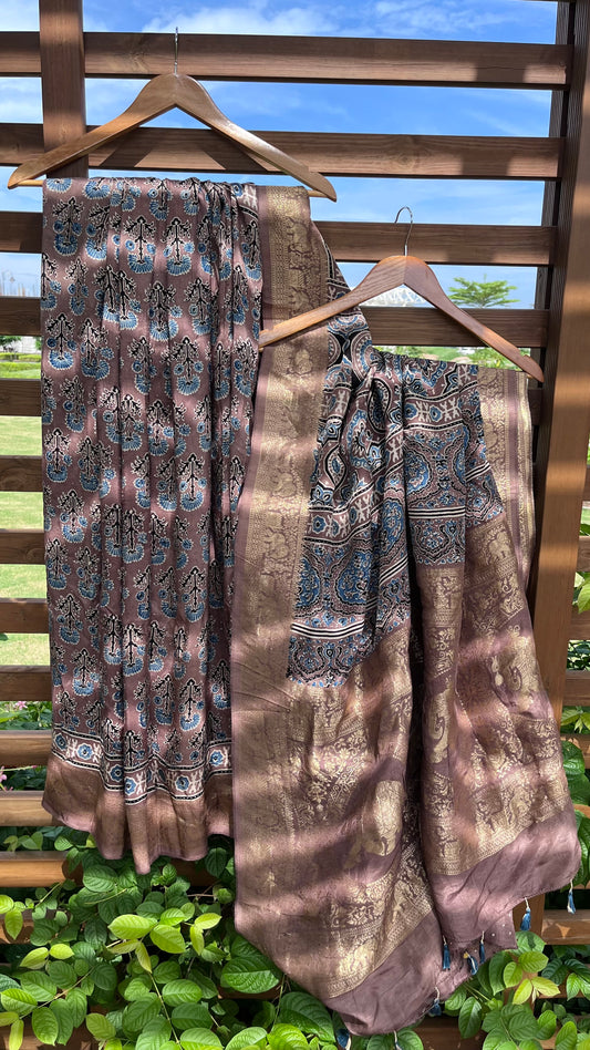 Earthy Brown Mugal Buta Motif Ajrakh Hand Block Dola Silk Saree with Zari Pallu (With Blouse)