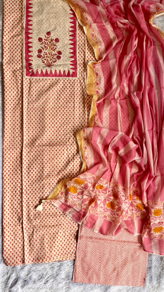 Soft Pink Small Booti with Schiffli Yoke Unstitched Pure Cotton Suit Set with Mul Cotton Dupatta