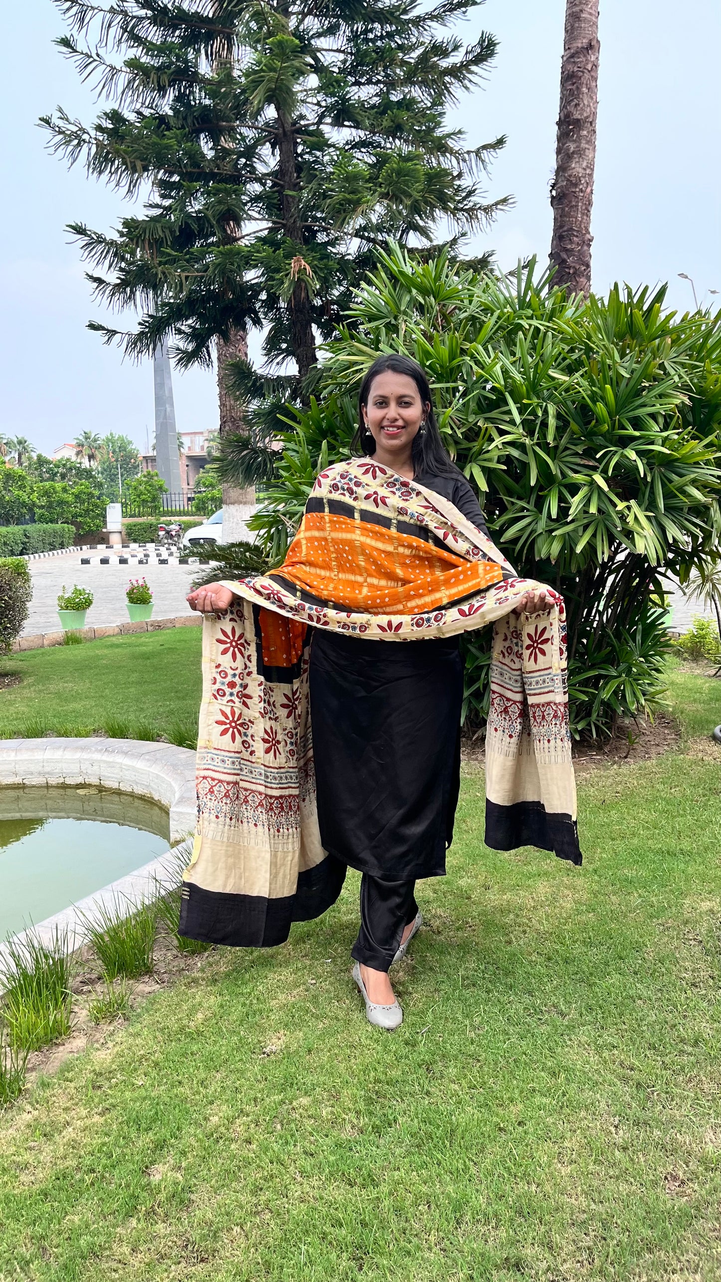 Mustard Gharchola Modal Silk Bandhani Ajrakh Dupatta with Lagdi Patti