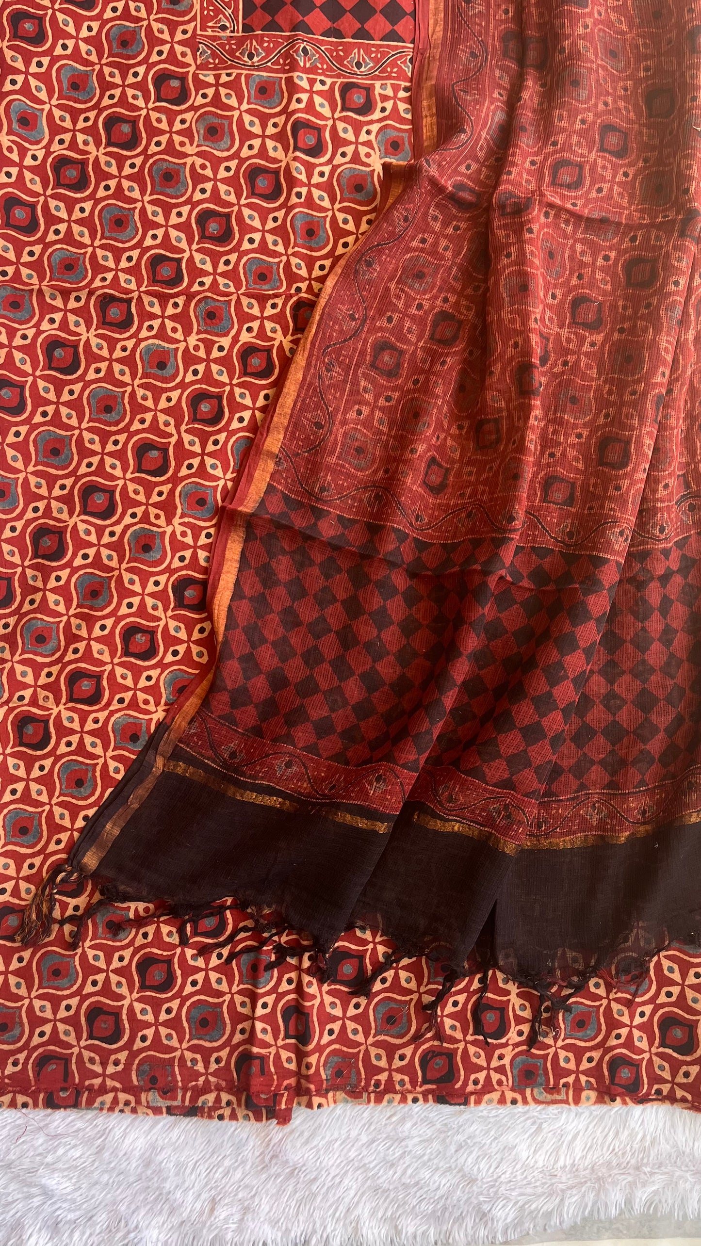 Brick Red Pure Cotton Ajrakh Unstitched Suit Set with Ajrakh Kota Doria Dupatta