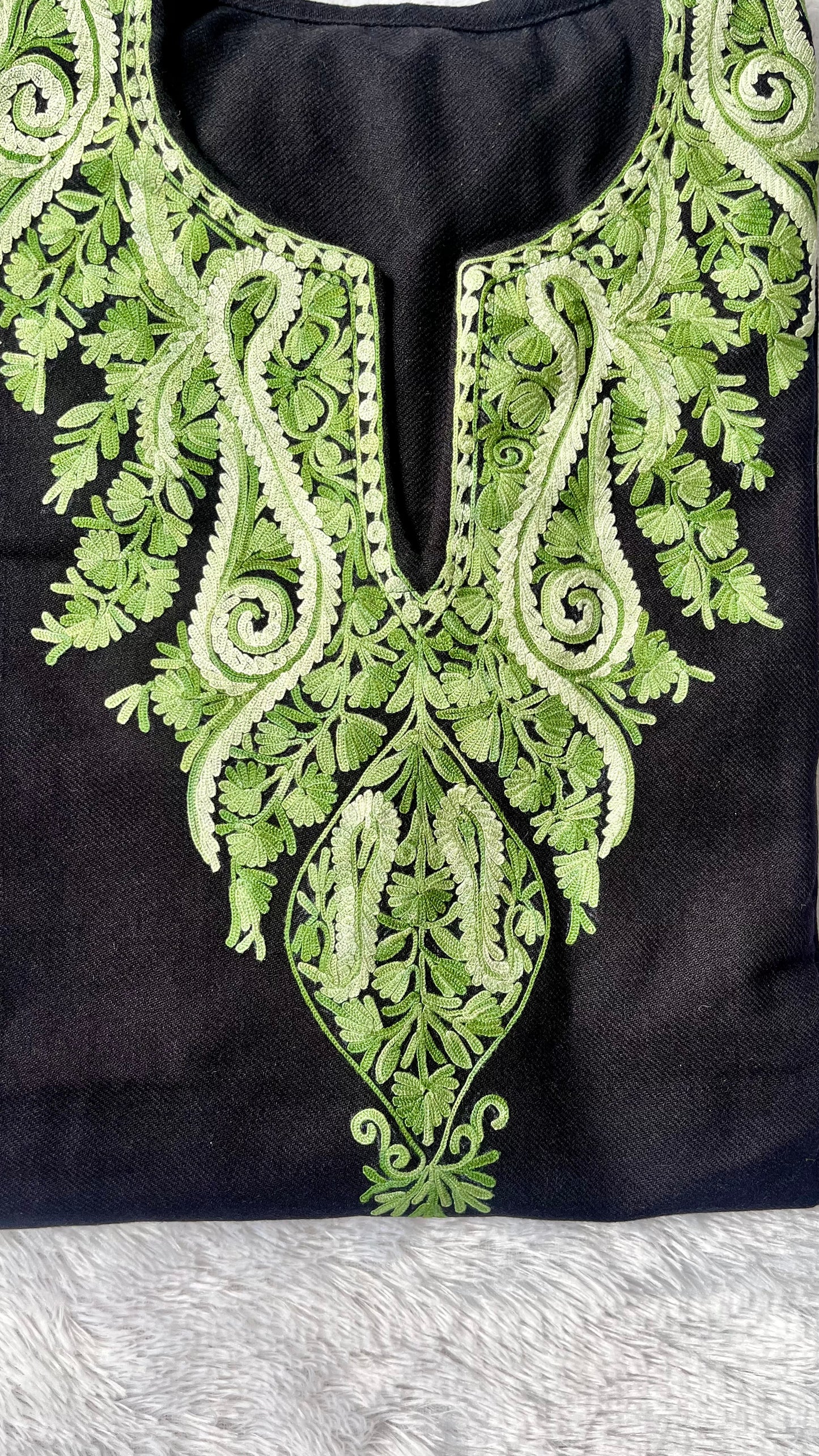 Black with Green Kashmiri Aari Work Full Embroidered Pheran with Pockets