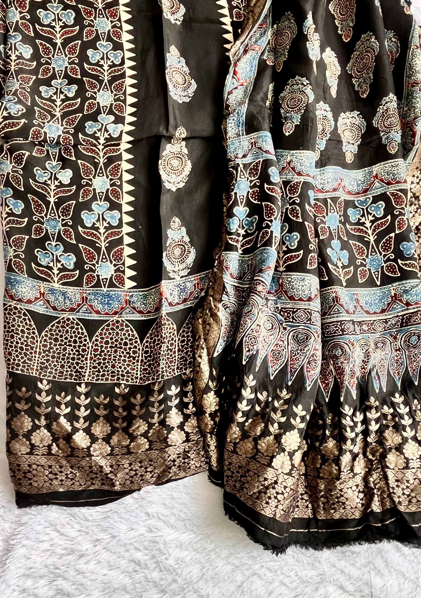 Black Kamal Buti Motif Dola Silk Ajrakh Hand Block Print 2pc Suit Set with Heavy Nakaashi Border