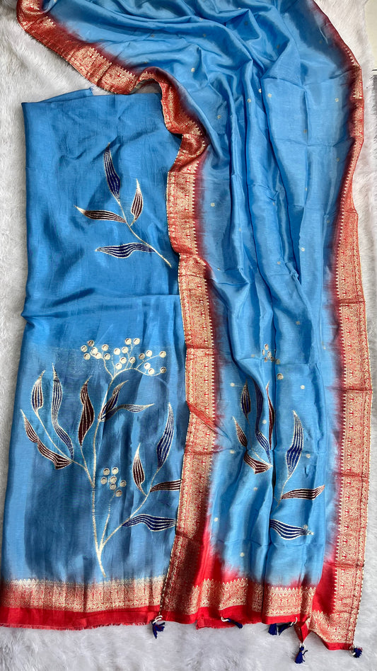 Sky Blue Dola Silk Hand Brush Print 2pc Suit Material Set with Zari Pallu and Full Finish with Tassels