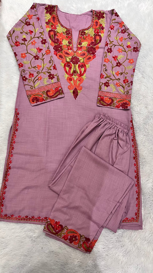 Mauve Floral Print Pure Cotton Kashmiri Embroidery Kurta and Pant Set ( Size 40, 42)