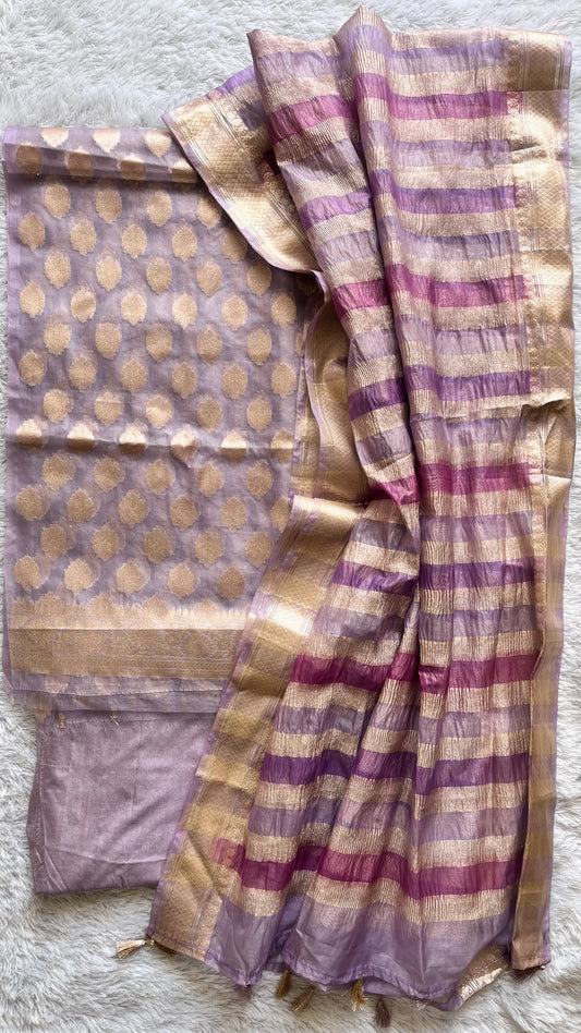 Lavender Shade Banarasi Tissue Silk 3-Piece Suit with Threadwork & Crushed Organza Dupatta