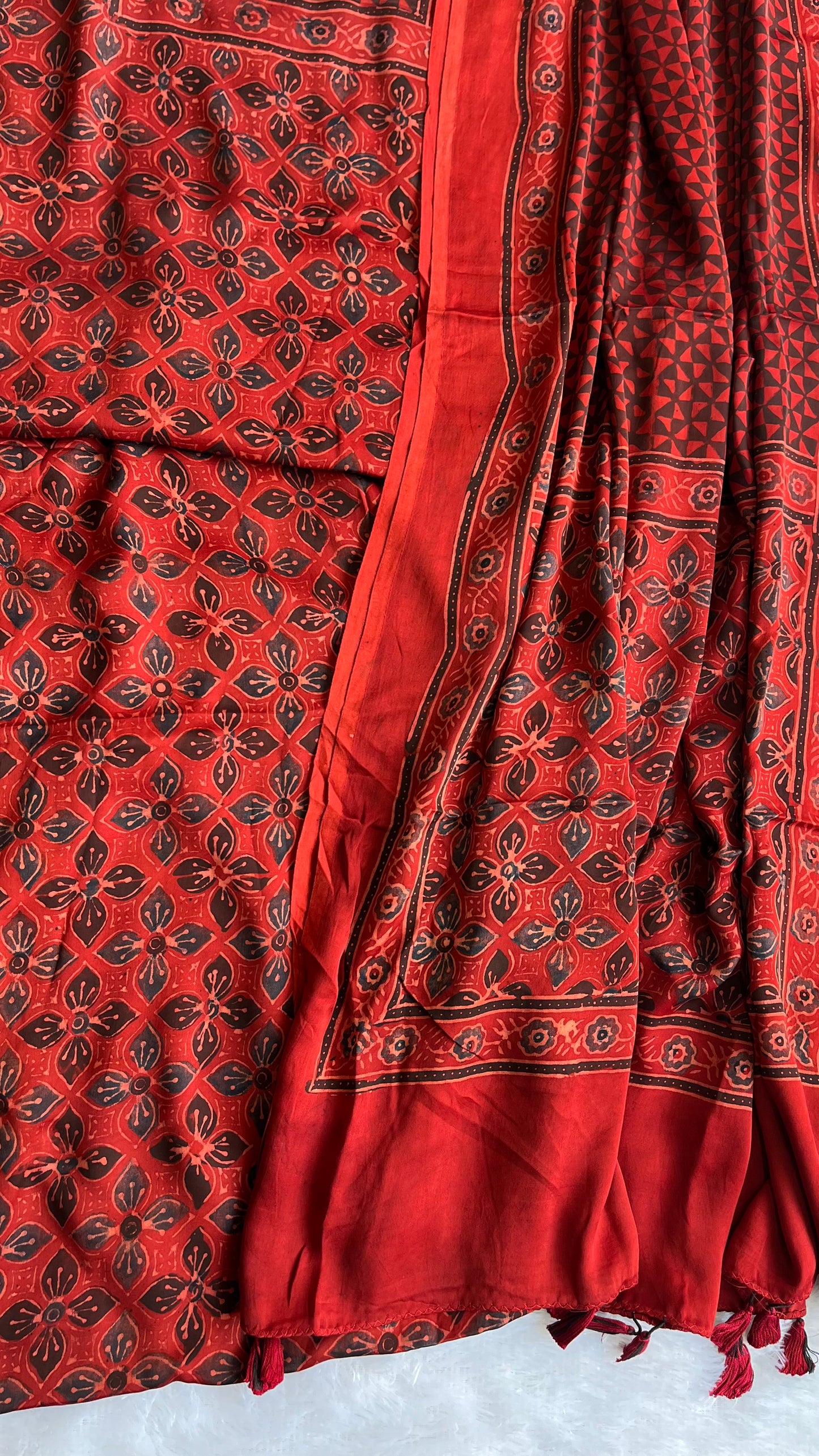 Maroon Modal Silk Hand Block Print 2pc Suit Material Set with Modal Dupatta and Tassels