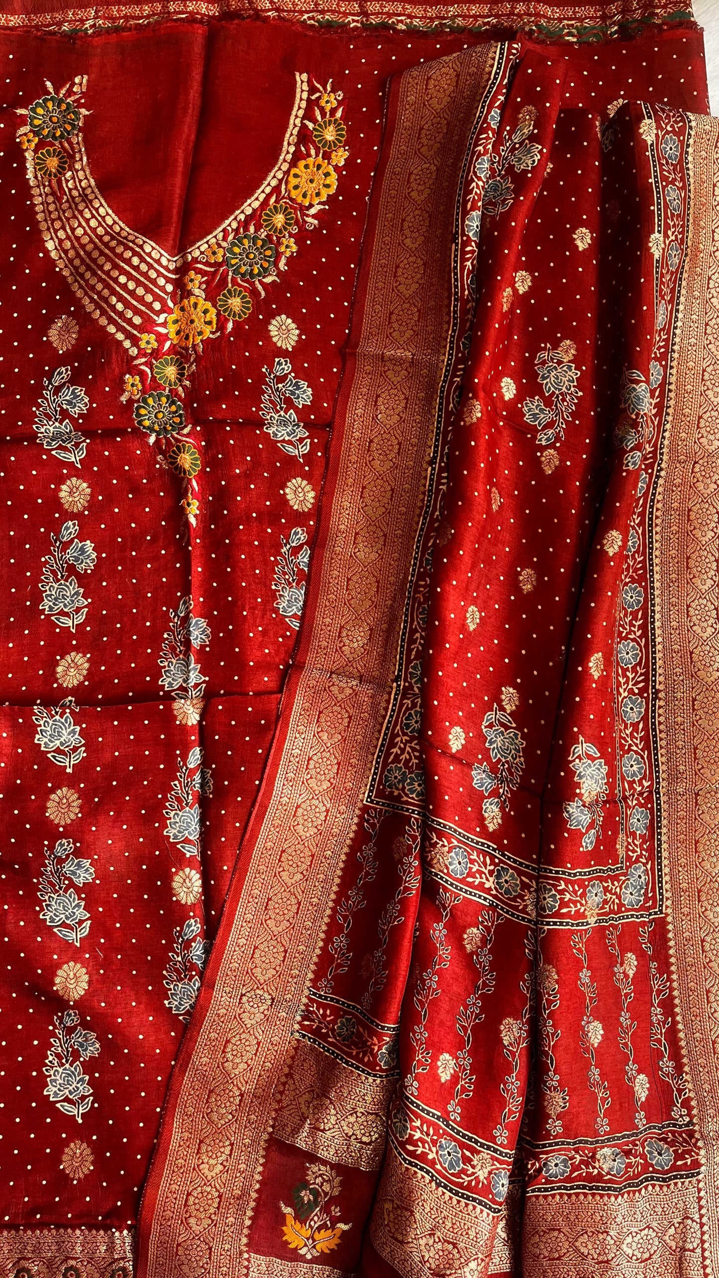 Maroon Shade Mugal Boota Pure Dola Silk Ajrakh Hand Block Print 2pc Suit Material Set with Menakari Yoke and Nakkashi Dupatta