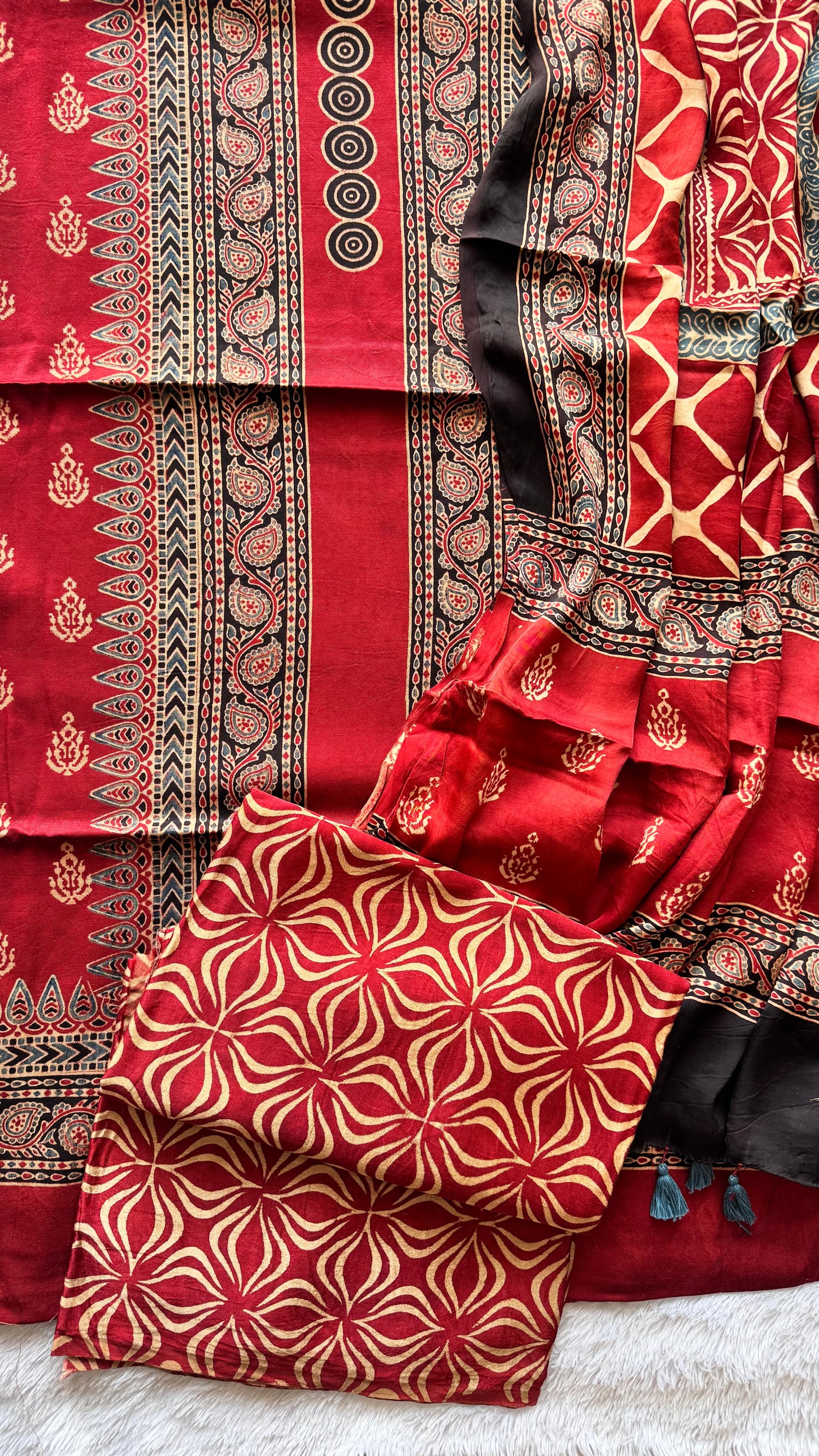 Deep Red Motif Ajrakh Hand Block Print Mashru Silk 3 pc Suit Material with Modal Silk Dupatta