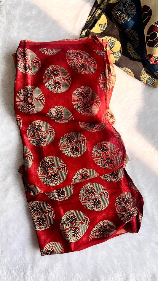 Red Circle Motif Ajrakh Mashru Silk Fabric