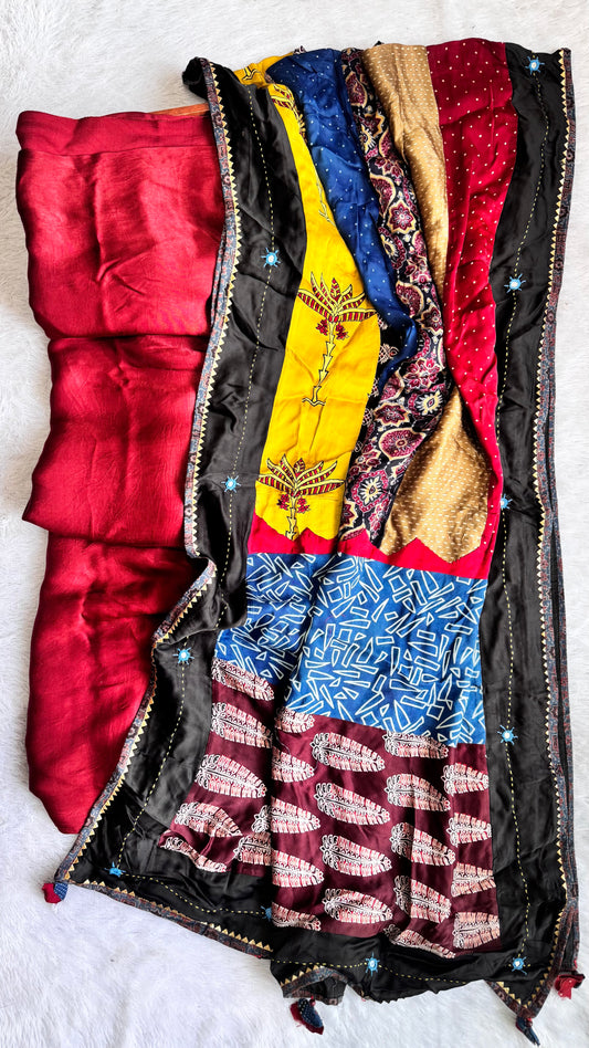 Maroon Solid Shade Modal Silk Ajrakh Hand Block Print 2pc Suit Material Set with Applique Work Dupatta