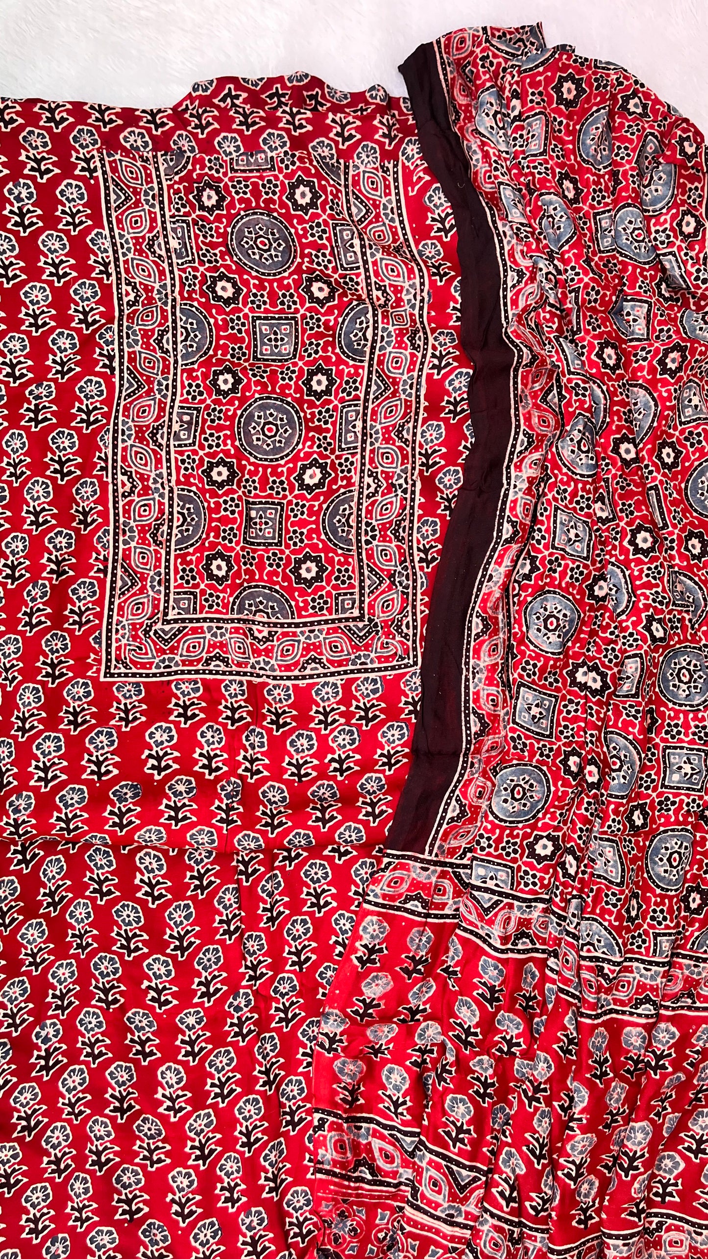 Red Choti Buti Motif Modal Silk Hand Block Print 2pc Suit Material Set