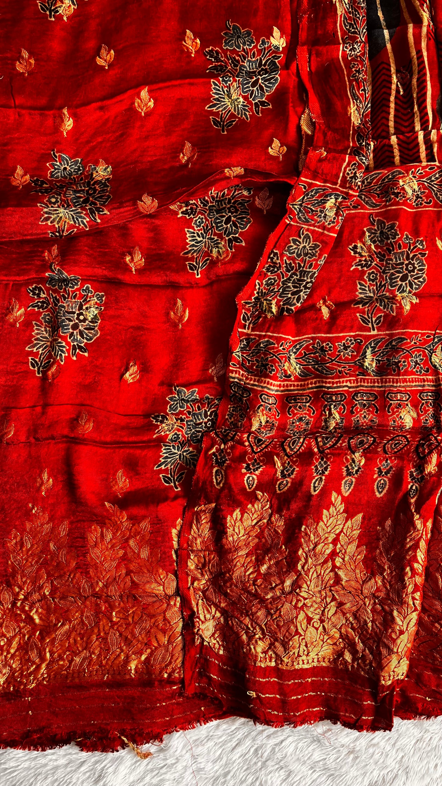 Mesmerising Red Boota Motif Ajrakh Hand Block Modal Silk Suit Material with Nakkashi Border