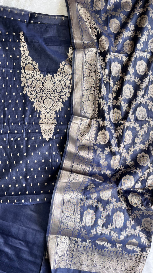 Navy Blue Shade Banarasi Silk Cotton 3-Piece Suit with Banarasi Woven Yoke & Dupatta