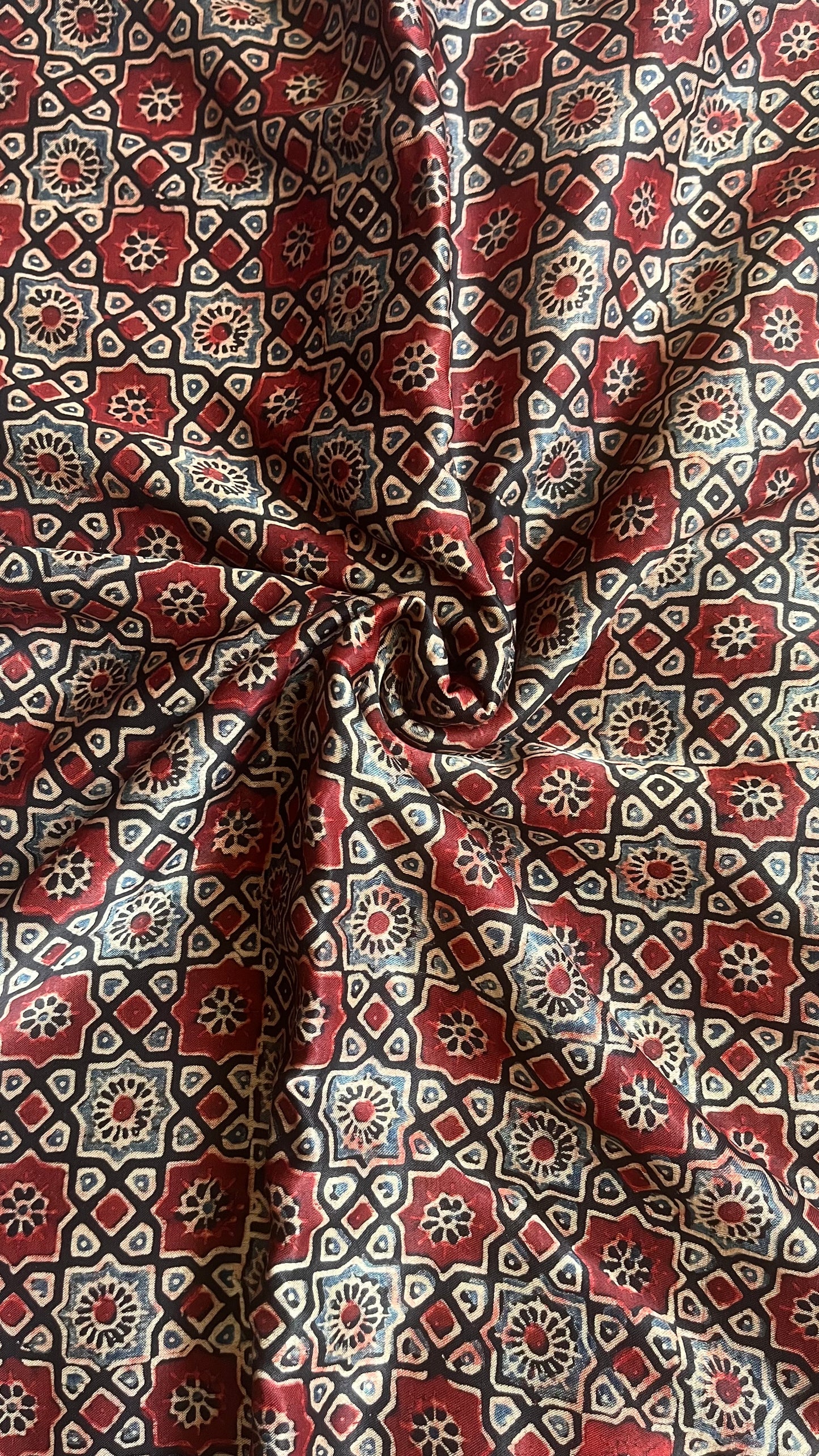 Black Choti Jaali Motif Ajrakh Mashru Silk fabric