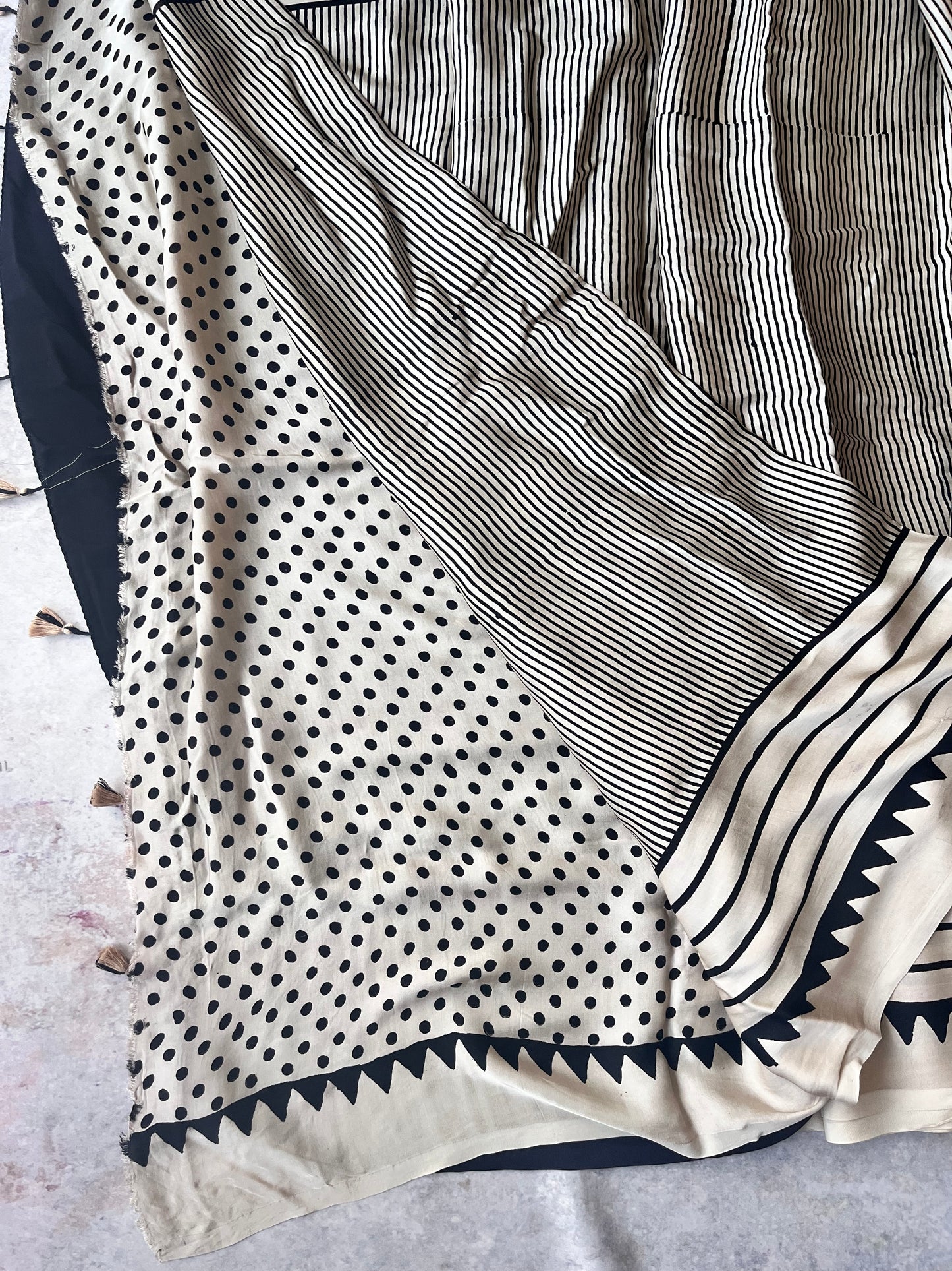 Black and White Lines Ajrakh Hand Block Natural Dye Modal Silk Saree With Blouse