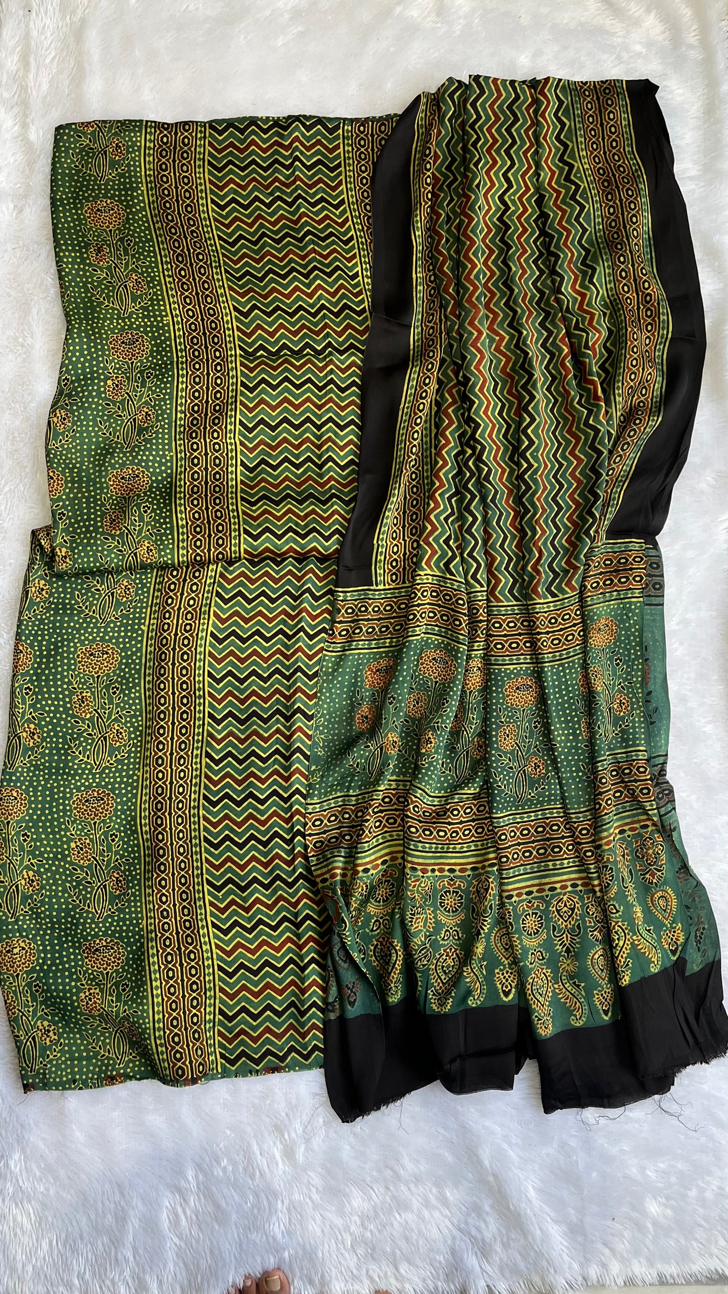 Forest Green Ajrakh Print Modal Silk Hand Block Print 2pc Suit Material Set