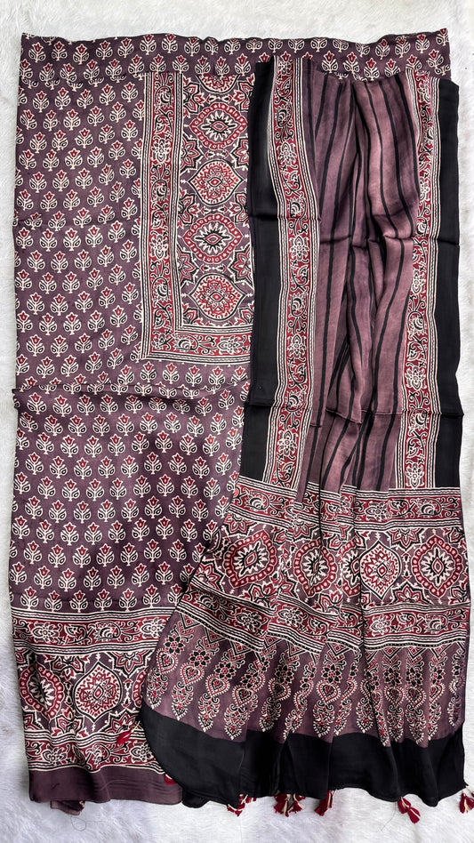 Rasin Shade Small Buta Motif Modal Silk Ajrakh Hand Block 2 pc Suit Set with Tassels Finishing