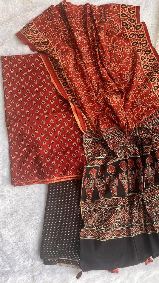 Brick Red Kamal Buti Motif Ajrakh Unstitched Pure Cotton Suit Set with Cotton Dupatta