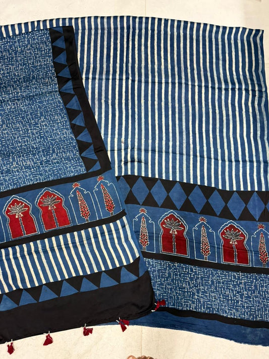 Indigo Dhaari and Jahrokha Pure Modal Silk Suit Set with Modal Silk Dupatta