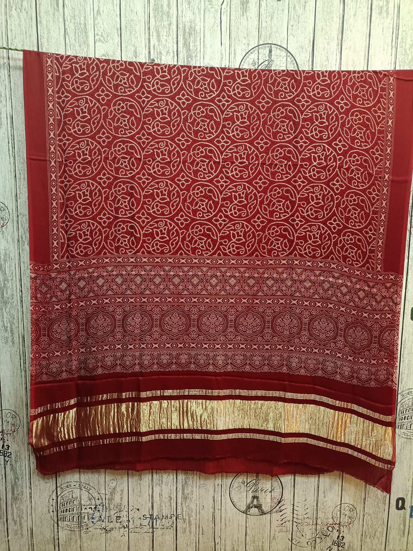 Maroon Rie Bandhey Modal Silk Lagdi Patti Ajrakh Dupatta