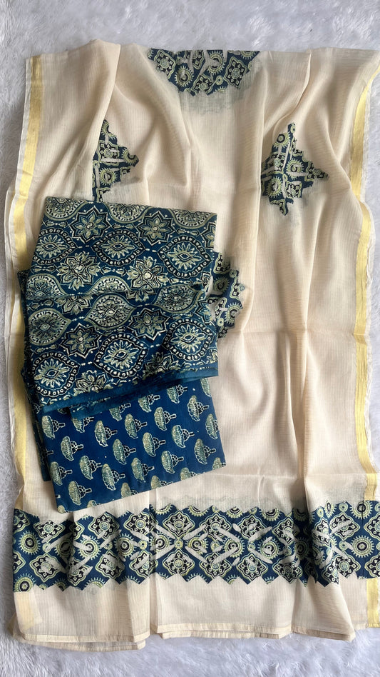 Indigo Badaam Buti Pure Cotton Ajrakh Unstitched Suit Set with Ajrakh Applique Kota Dupatta