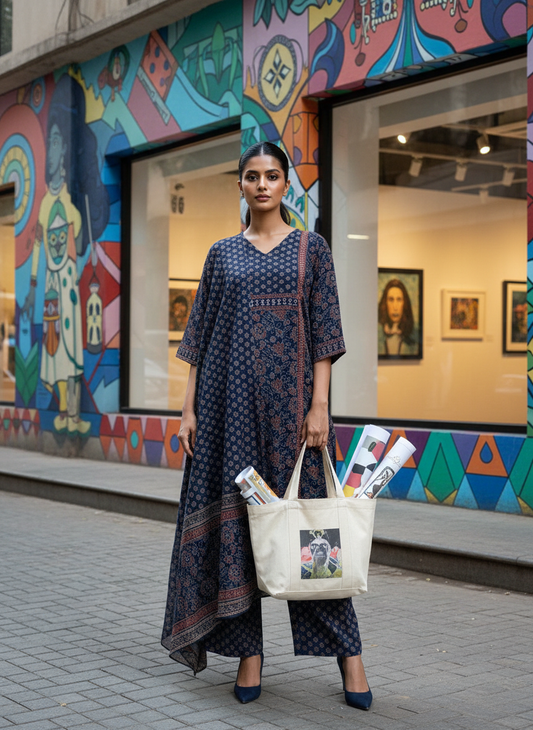 Navy Blue Ajrakh Print Pure Cotton Suit Set with Cotton Dupatta