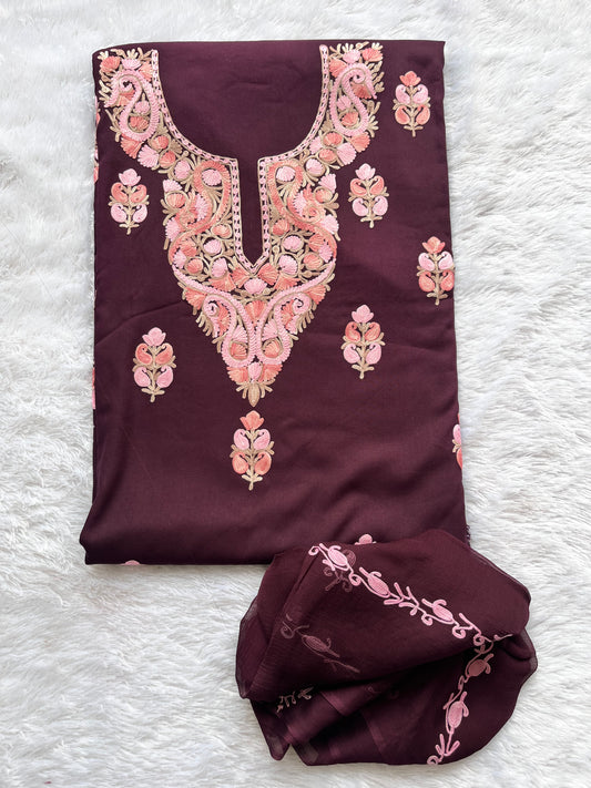 Deep Wine Shade Muslin Cotton Kashmiri Aari Full Embroidered 3pc Suit Set