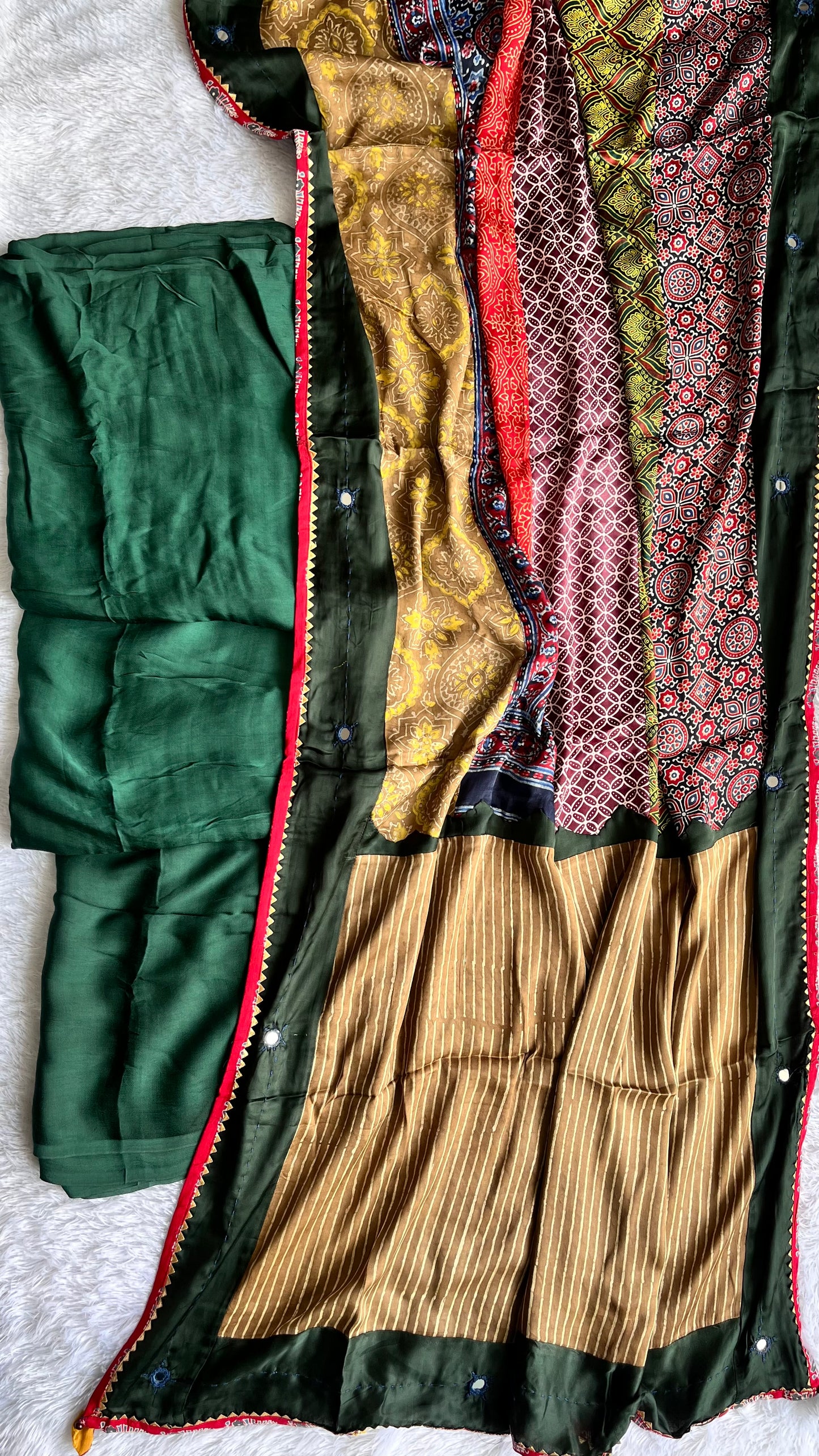 Green Solid Shade Modal Silk Ajrakh Hand Block Print 2pc Suit Material Set with Applique Work Dupatta