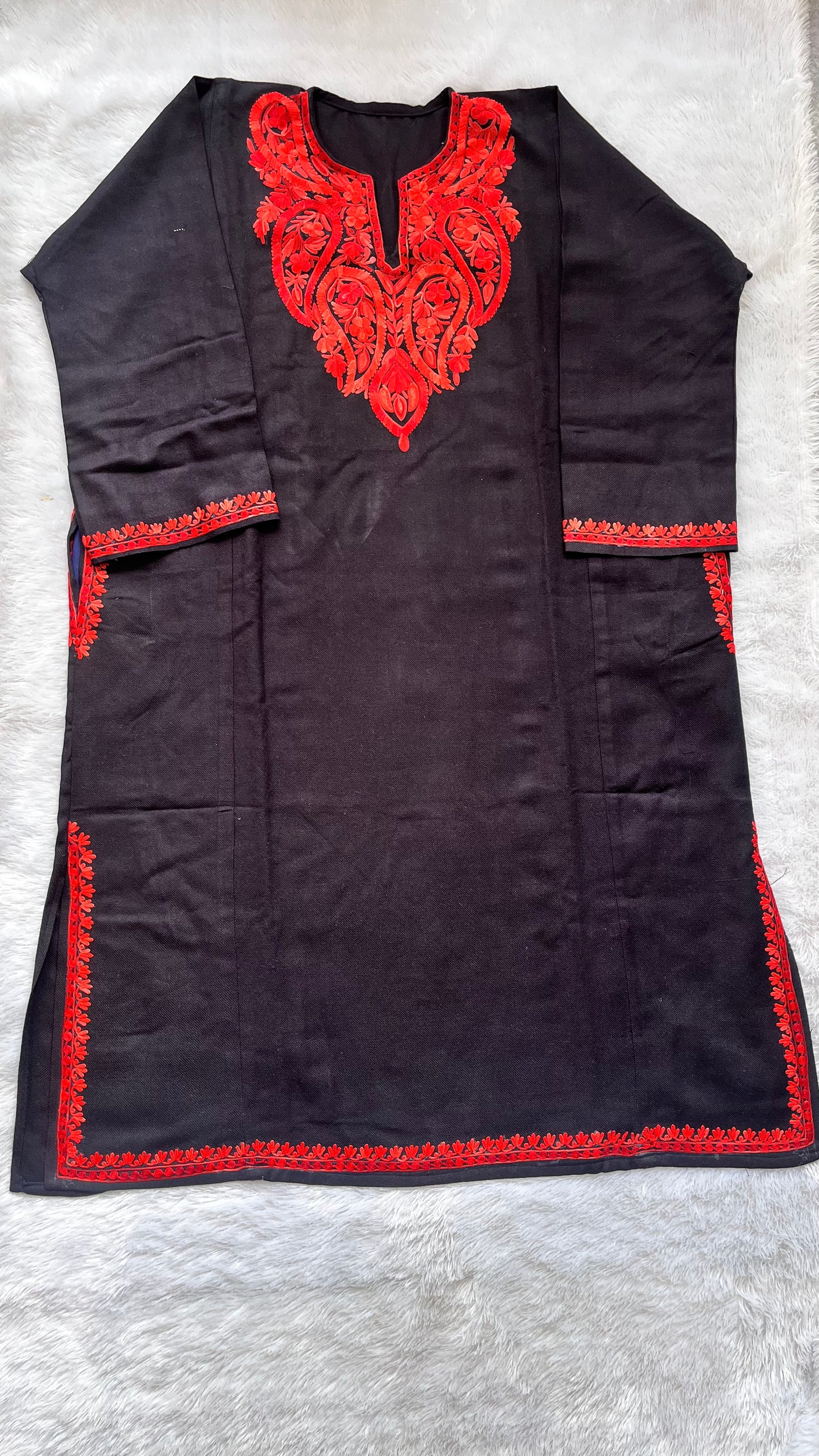 Black and Red Shade Kashmiri Aari Work Full Embroidered Pheran with Pockets