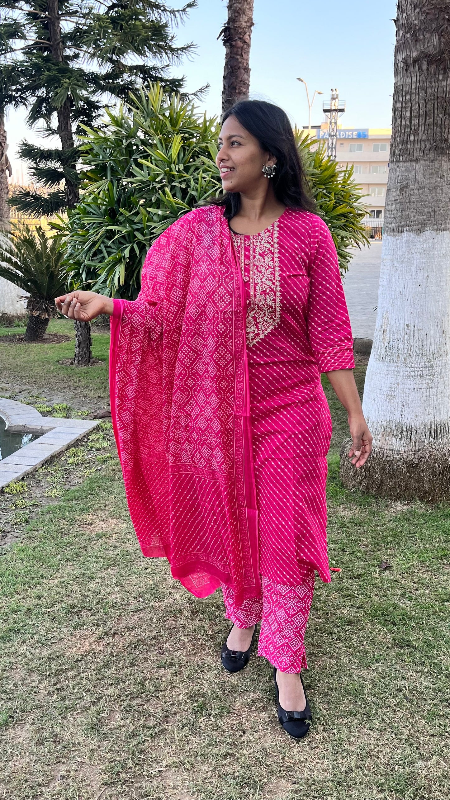 Pink Leheriya Style Suit Set with Cotton Dupatta