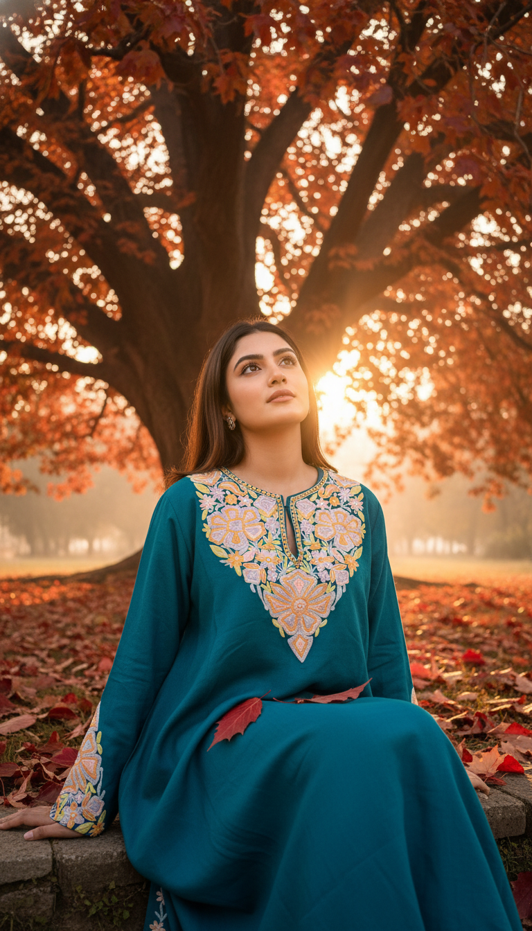 Deep Turquoise Aari Hand Embroidered Marino Wool Pheran with Pockets