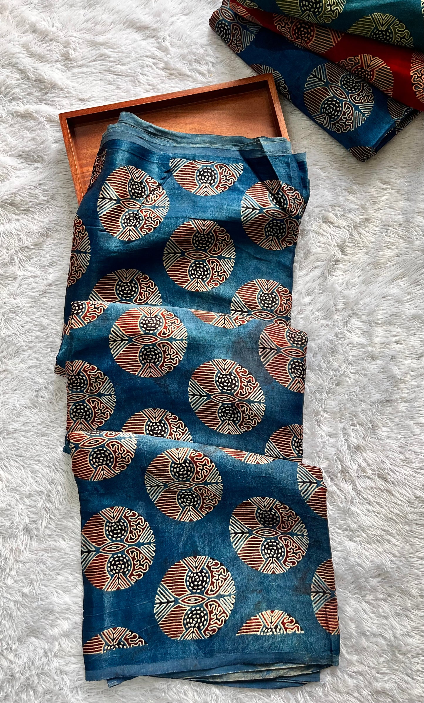 Blue Shade Circle Motif Ajrakh Mashru Silk Fabric