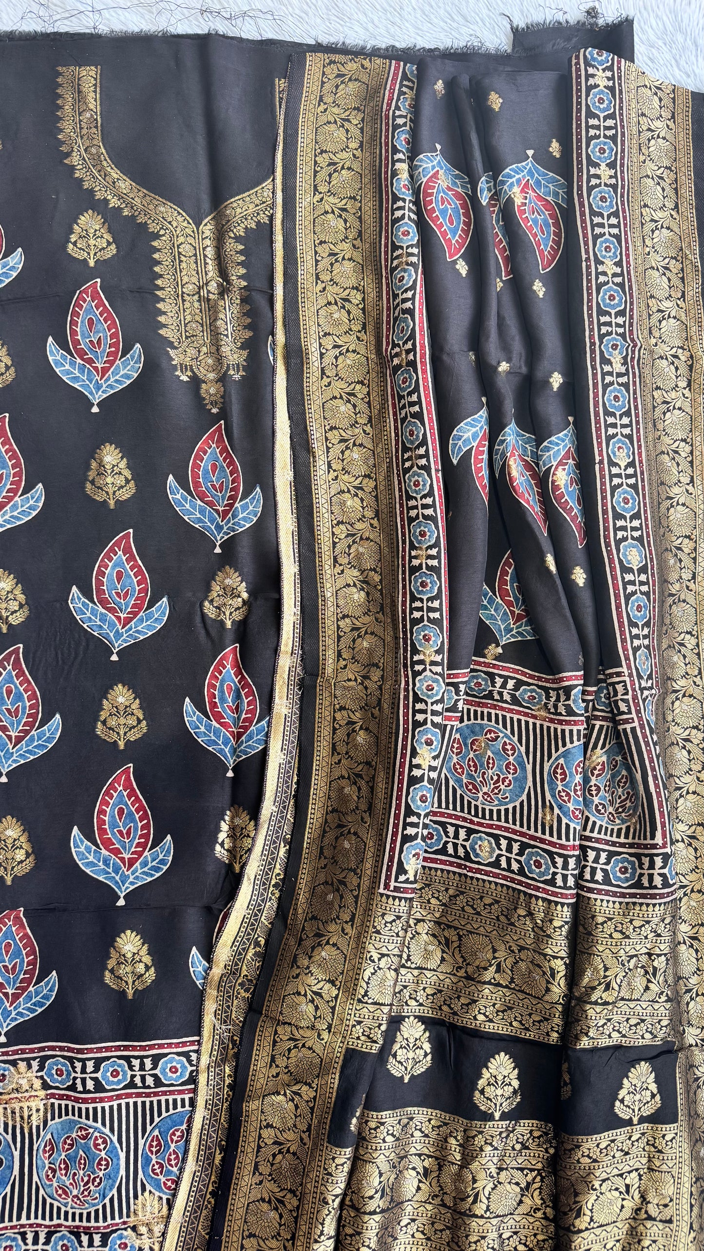 Magnetic Black Boota Pure Dola Silk Ajrakh Hand Block Print 2pc Suit Material Set with Zari Yoke and Nakkashi Dupatta