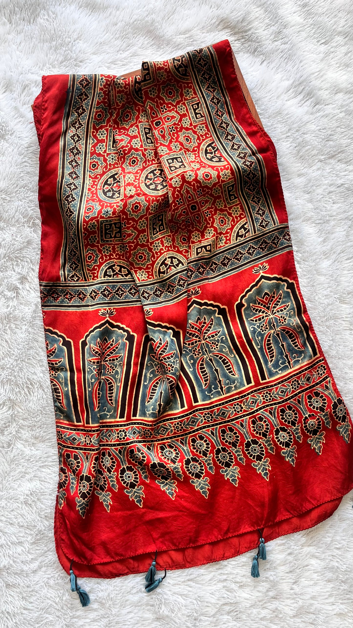 Red Grid Booti Motif Ajrakh Hand Block Print Mashru Silk Stole with Tassels