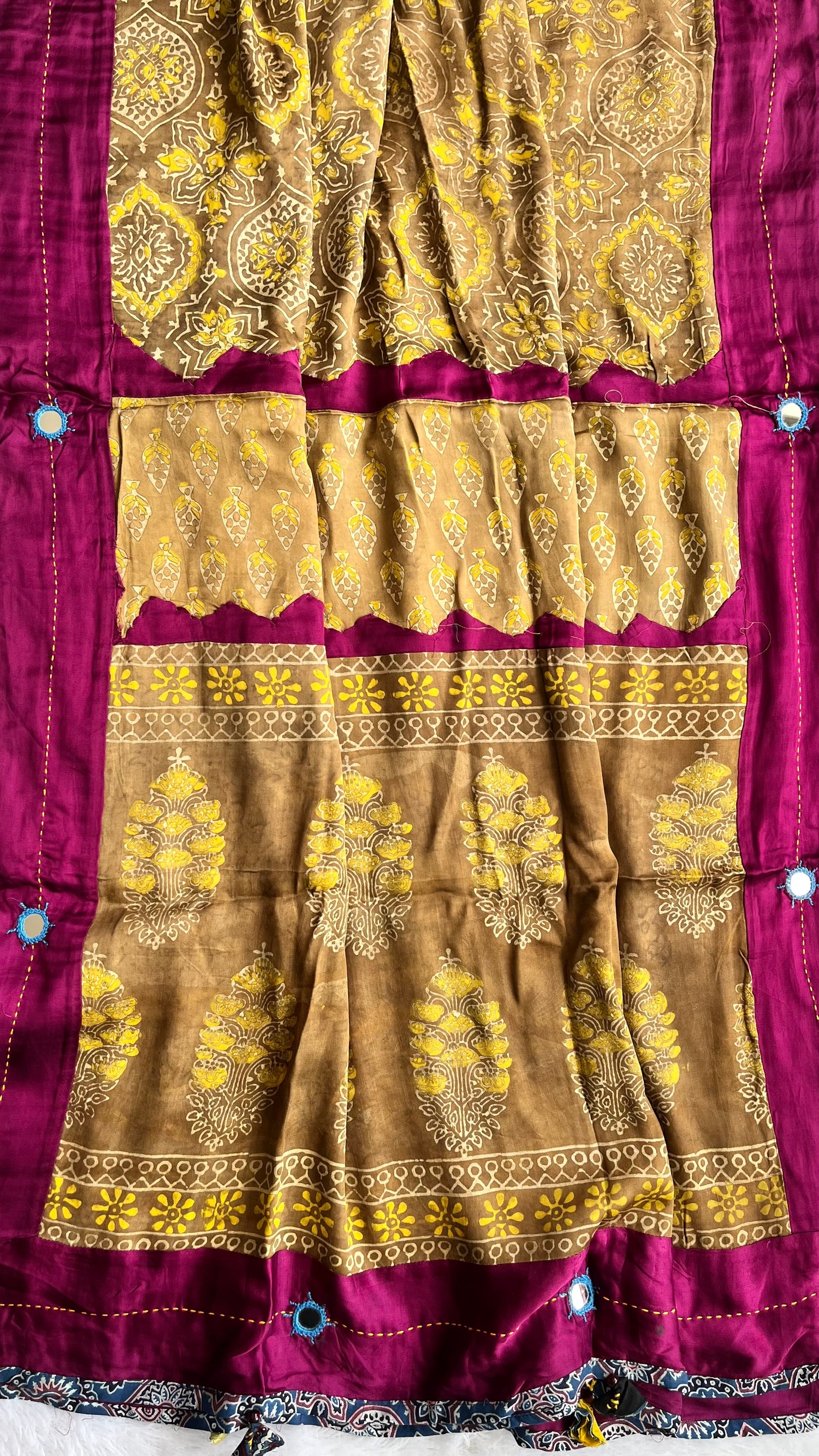 Mitti Shade Ajrakh Applique Patchwork Modal Silk Kantha Work Dupatta with Tassels and Mirror-work