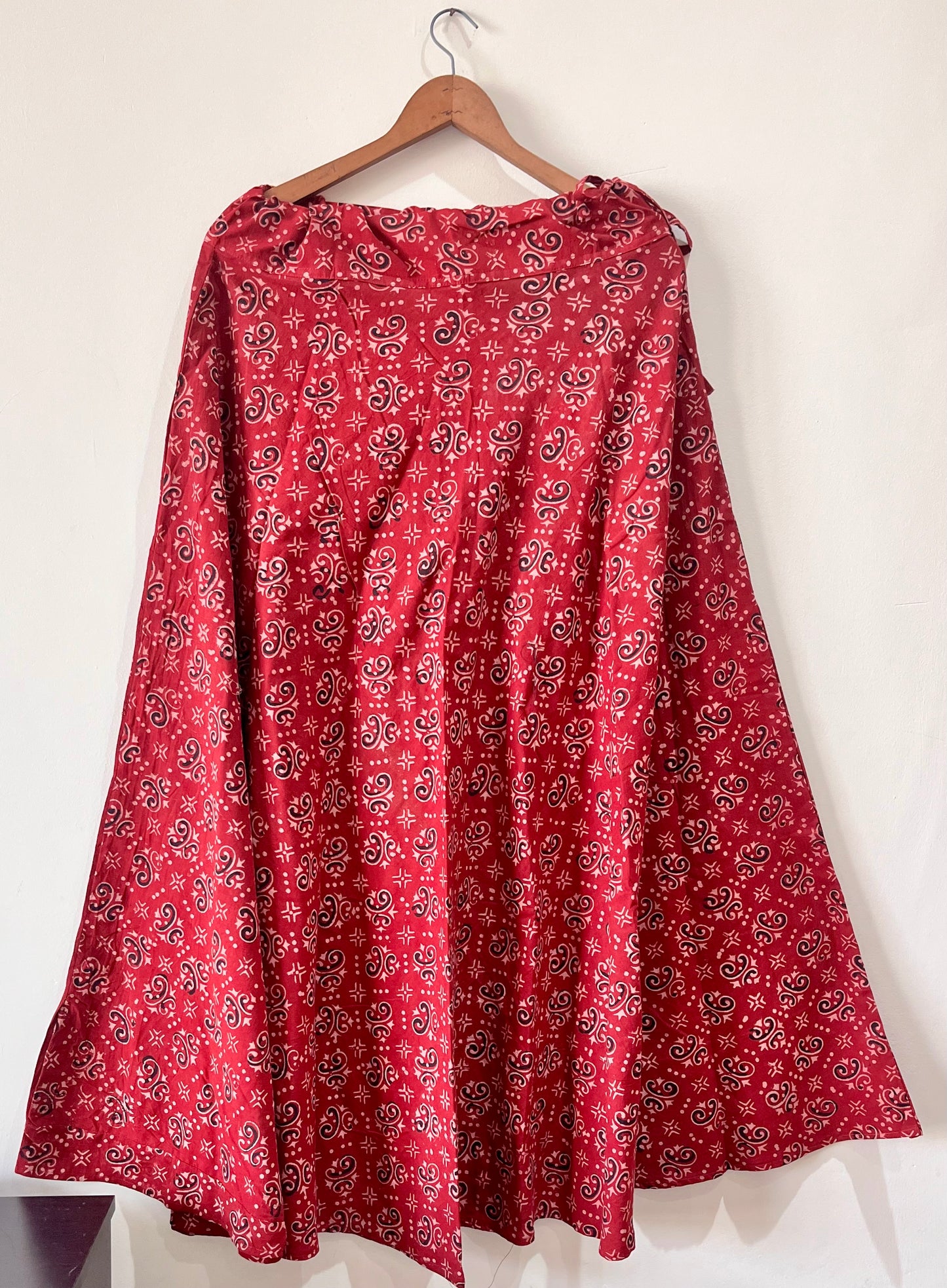 Deep Red Buti Motif Pure Cotton Ajrakh Long Flared Skirt