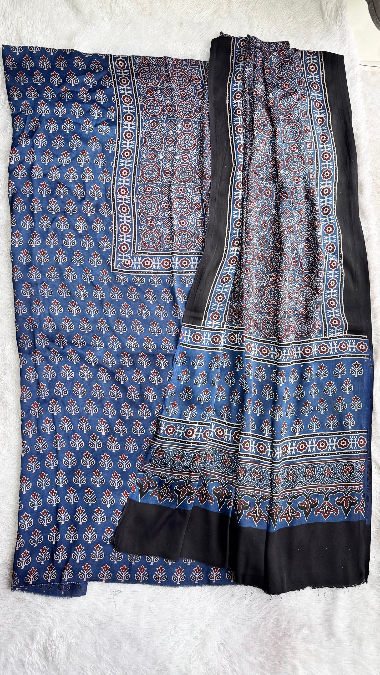 Blue Small Buti Motif Modal Silk Hand Block Print 2pc Suit Material Set