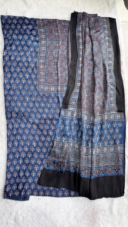 Blue Small Buti Motif Modal Silk Hand Block Print 2pc Suit Material Set