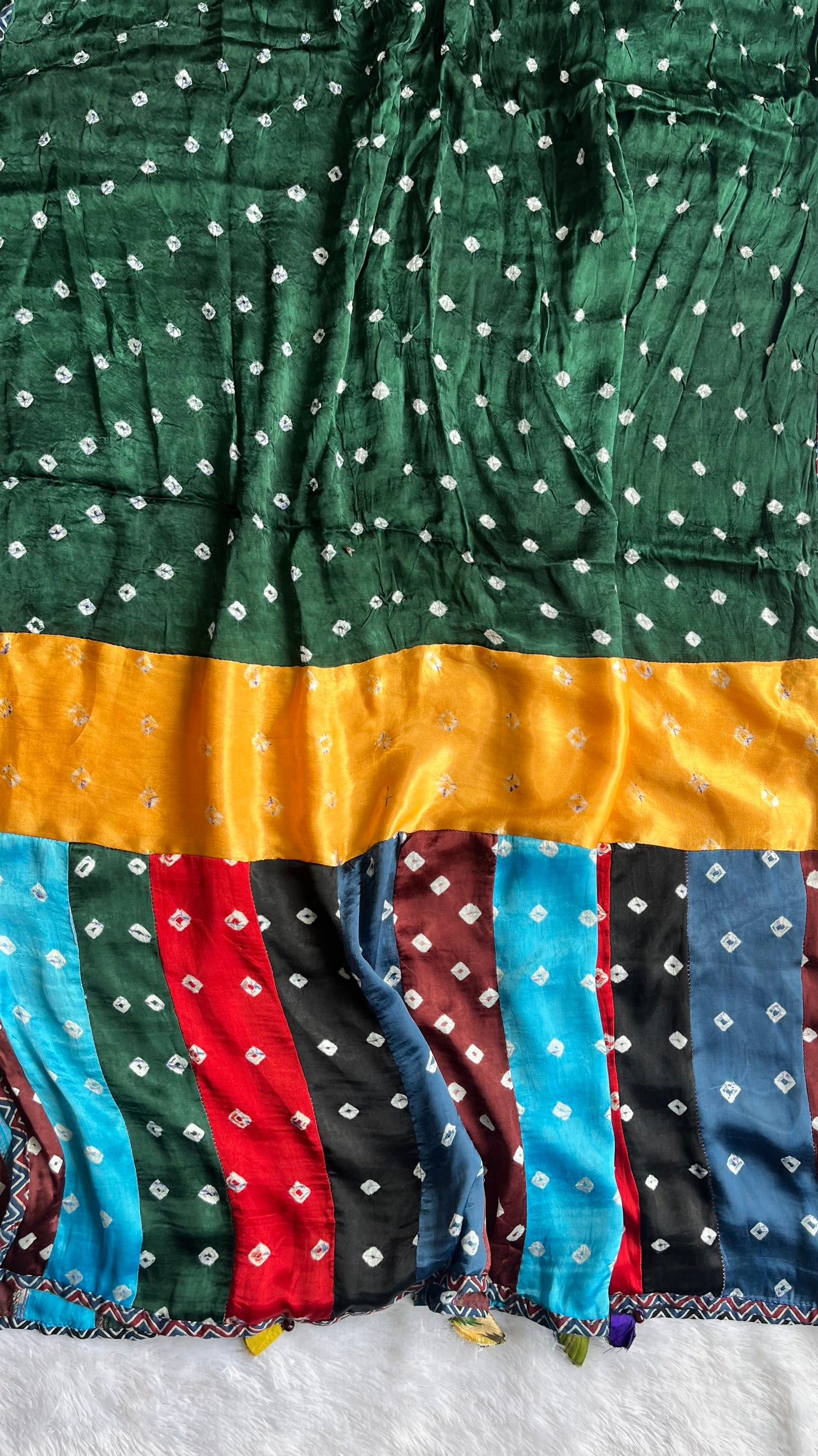Bottle Green Bandhej Ajrakh Applique Patchwork Modal Silk Dupatta with Tassels